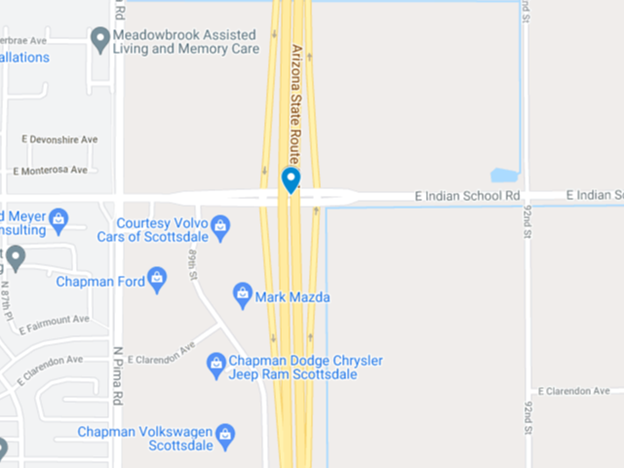 Map showing Indian School Road at Loop 101