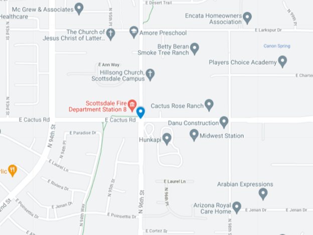 map showing area around E Cactus and 96th Street