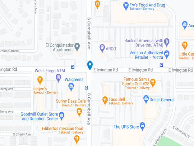 Map showing Campbell Ave and Irving Road