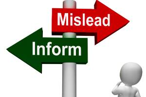 person in front of sign about misleading or informing